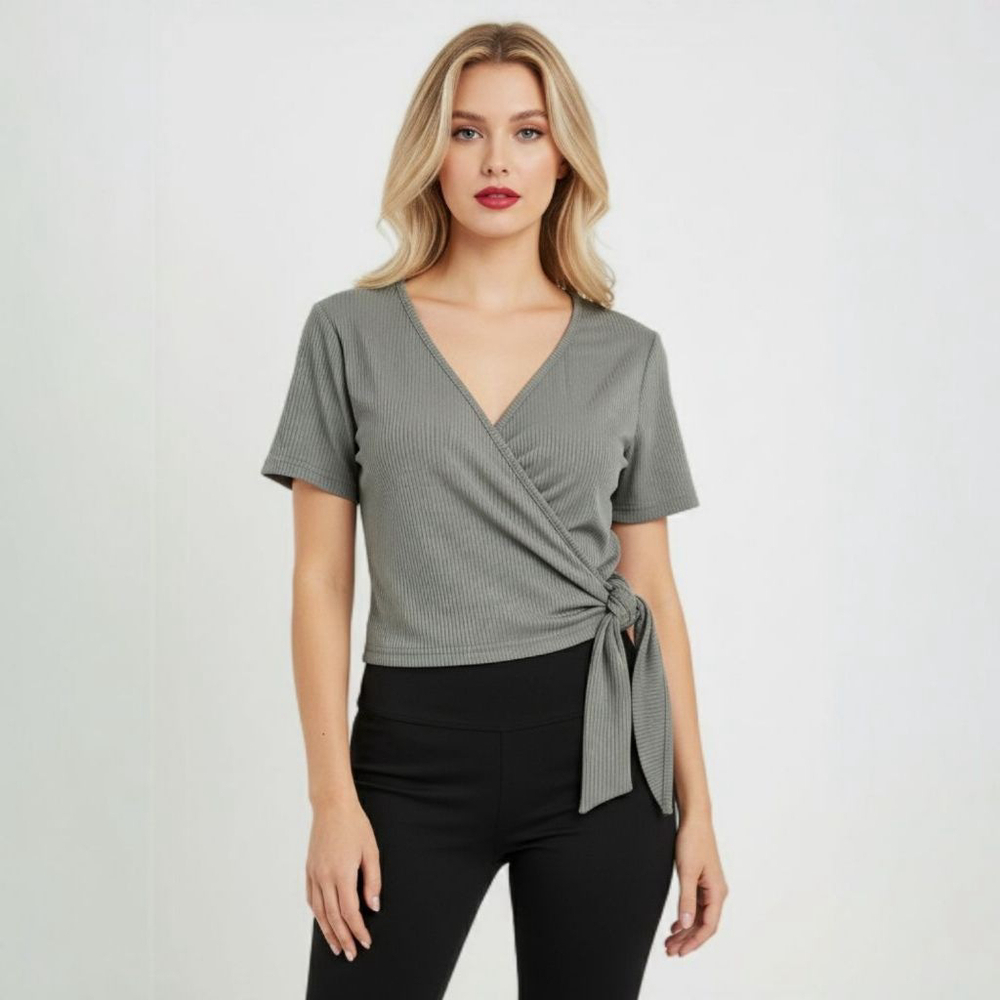 Women's Medium Olive Green Wrap Tie V-neck Blouse